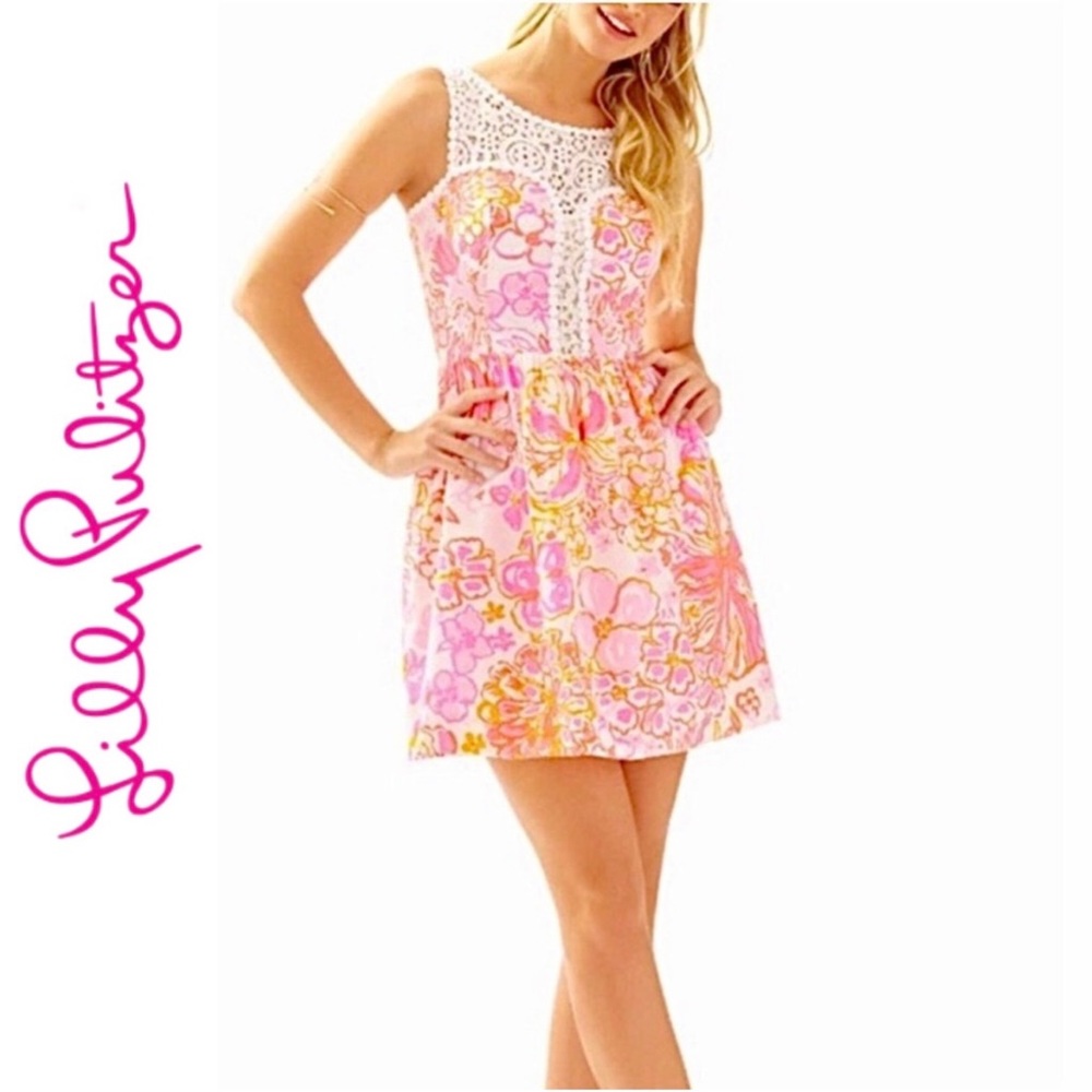 🆕 Lilly Pulitzer 💗 Reagan Fit and Flare Lace Detail Dress SZ 00 NWOT